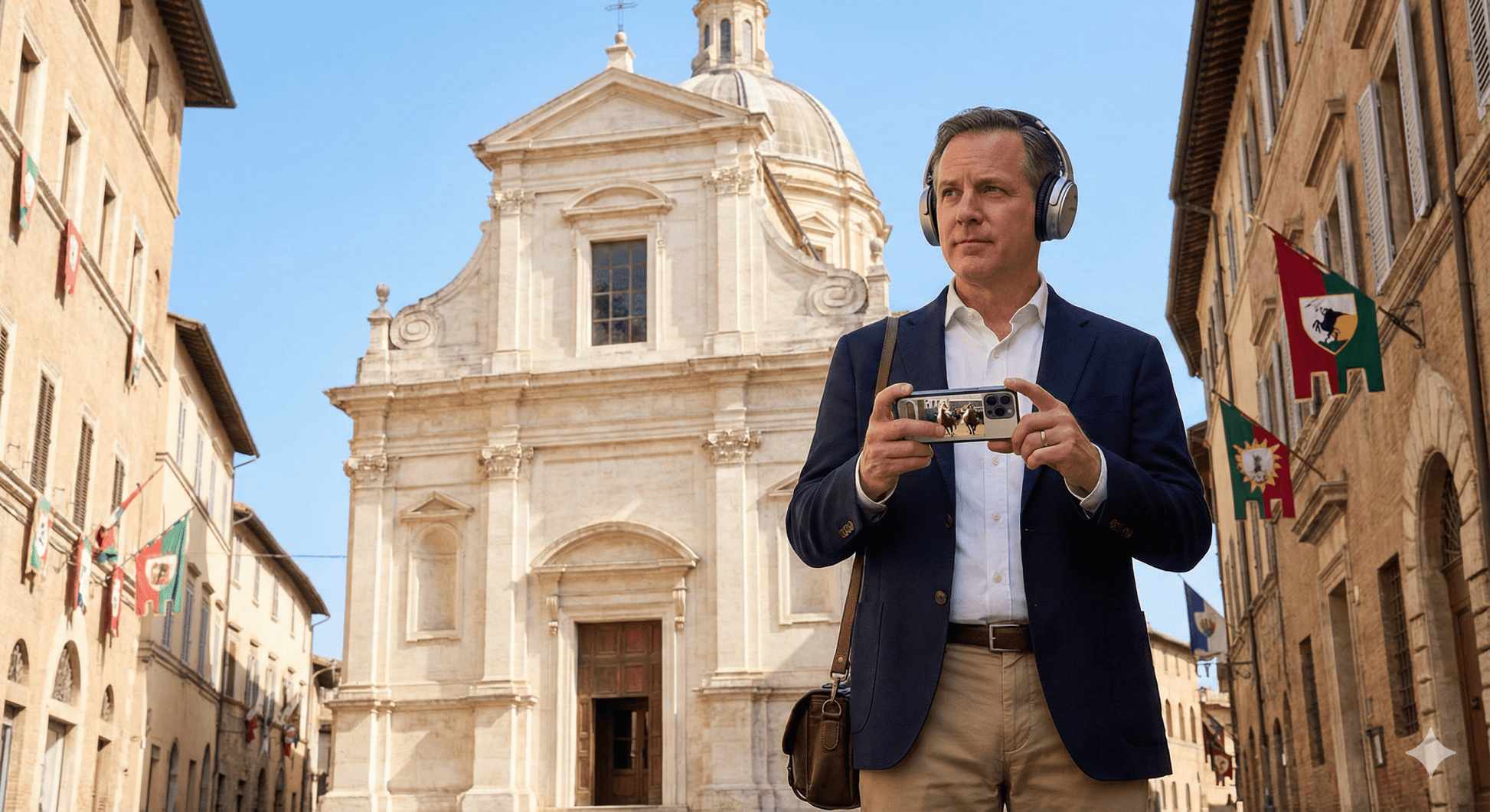 Siena Self-Guided Audio Tour by Uvamai Niche Tourism featuring a smartphone with map and headphones for exploring Siena.