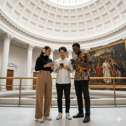 Singapore Self-Guided Audio Tour by Uvamai Niche Tourism, showing a smartphone with the tour app and iconic Singapore landmarks.