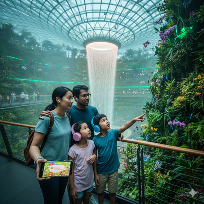 Singapore Self-Guided Audio Tour by Uvamai Niche Tourism, featuring a smartphone with map and audio controls on a city background.