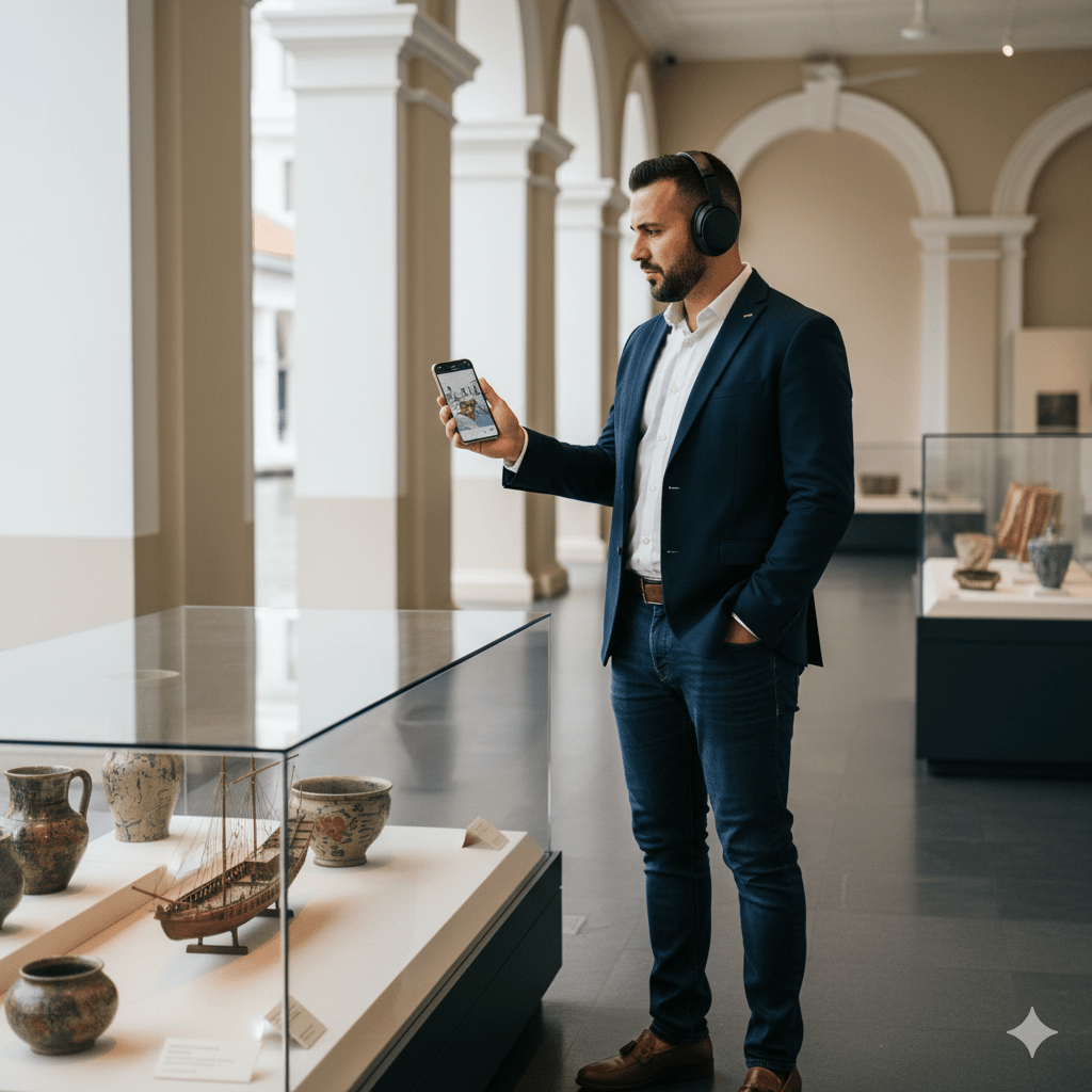 Singapore self-guided audio tour by Uvamai Niche Tourism, featuring a smartphone with a map and headphones in front of iconic landmarks.