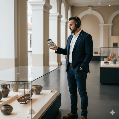 Singapore self-guided audio tour by Uvamai Niche Tourism, featuring a smartphone with a map and headphones in front of iconic landmarks.