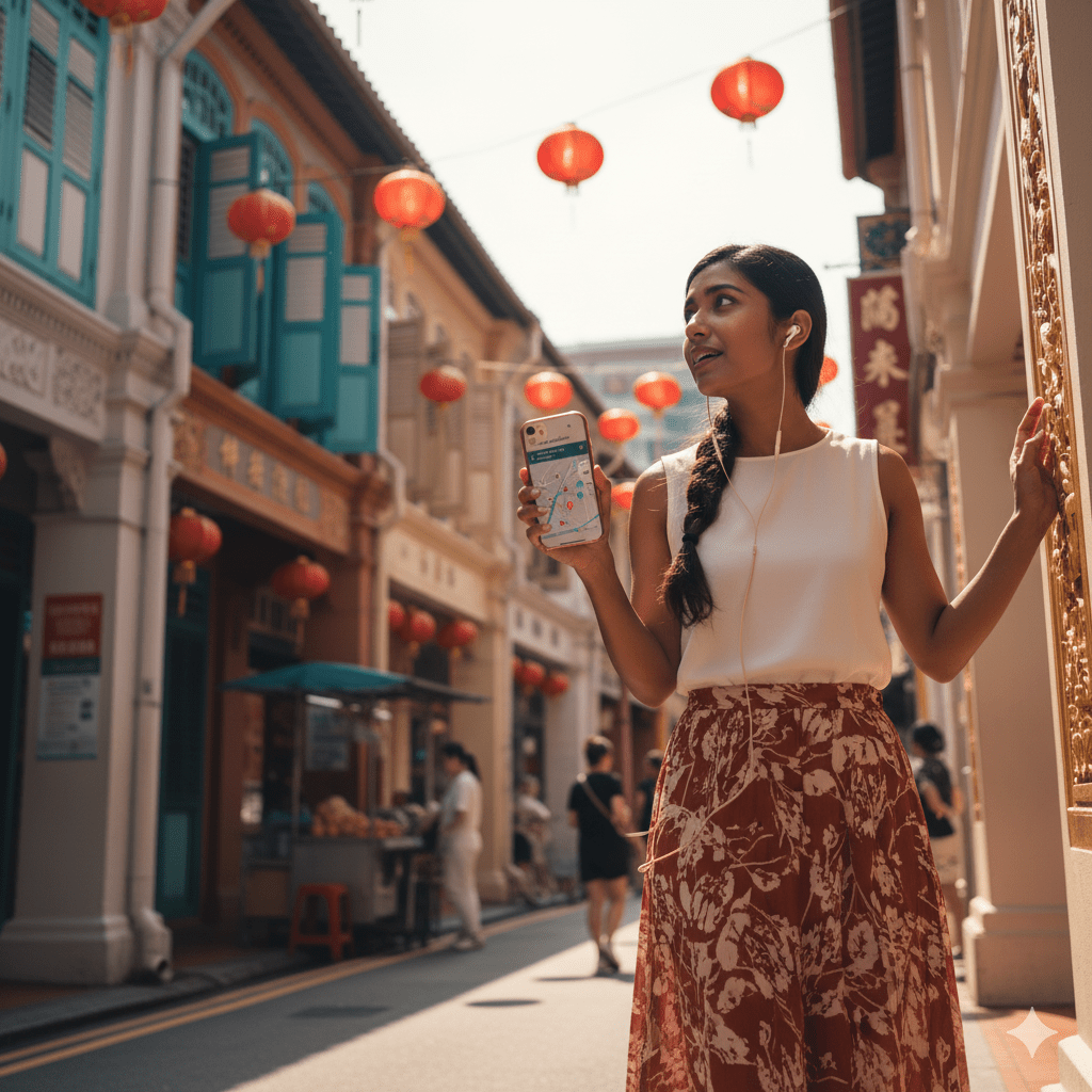 Singapore Self-Guided Audio Tour by Uvamai Niche Tourism, featuring headphones and tour guide app on a smartphone screen.
