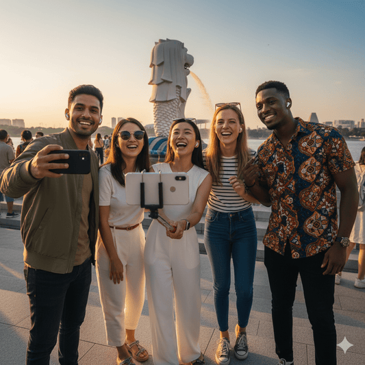 Singapore Self-Guided Audio Tour by Uvamai Niche Tourism showing headphones, map, and historic landmarks in Singapore.