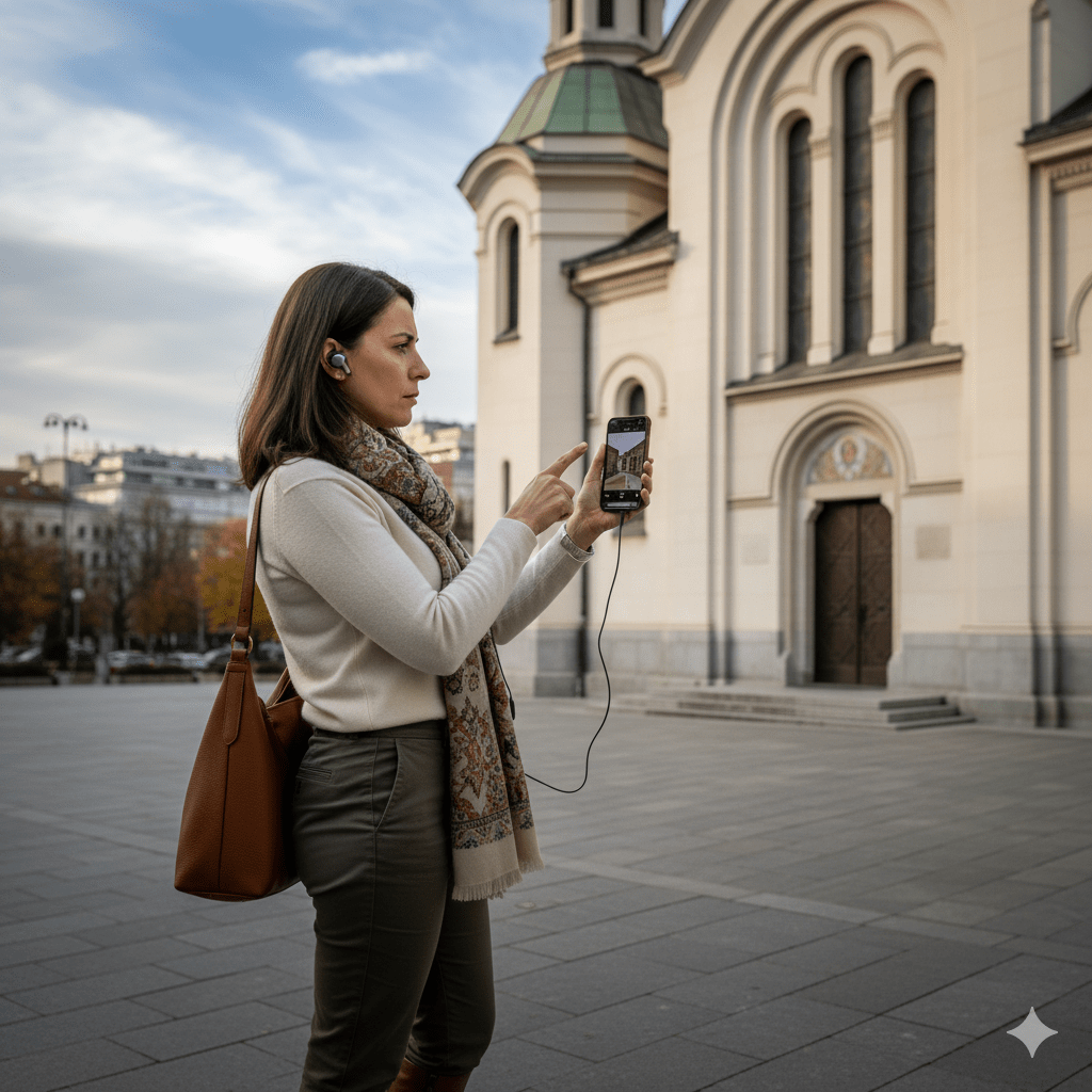 Audio guide device for Sofia Self-Guided Audio Tour by Uvamai Niche Tourism, showing headphones and tour interface on screen.