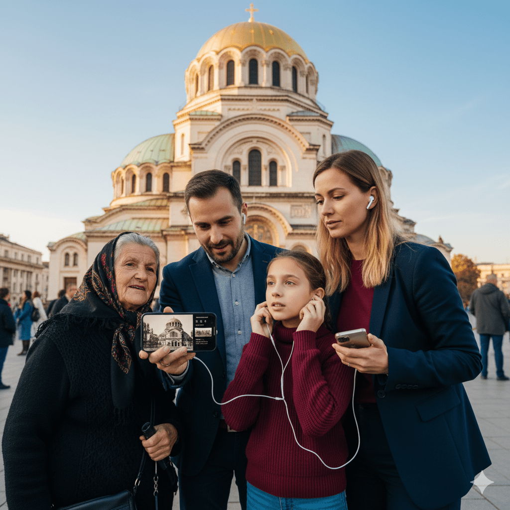 Audio guide device for Sofia Self-Guided Audio Tour by Uvamai Niche Tourism, featuring headphones and tour controls.