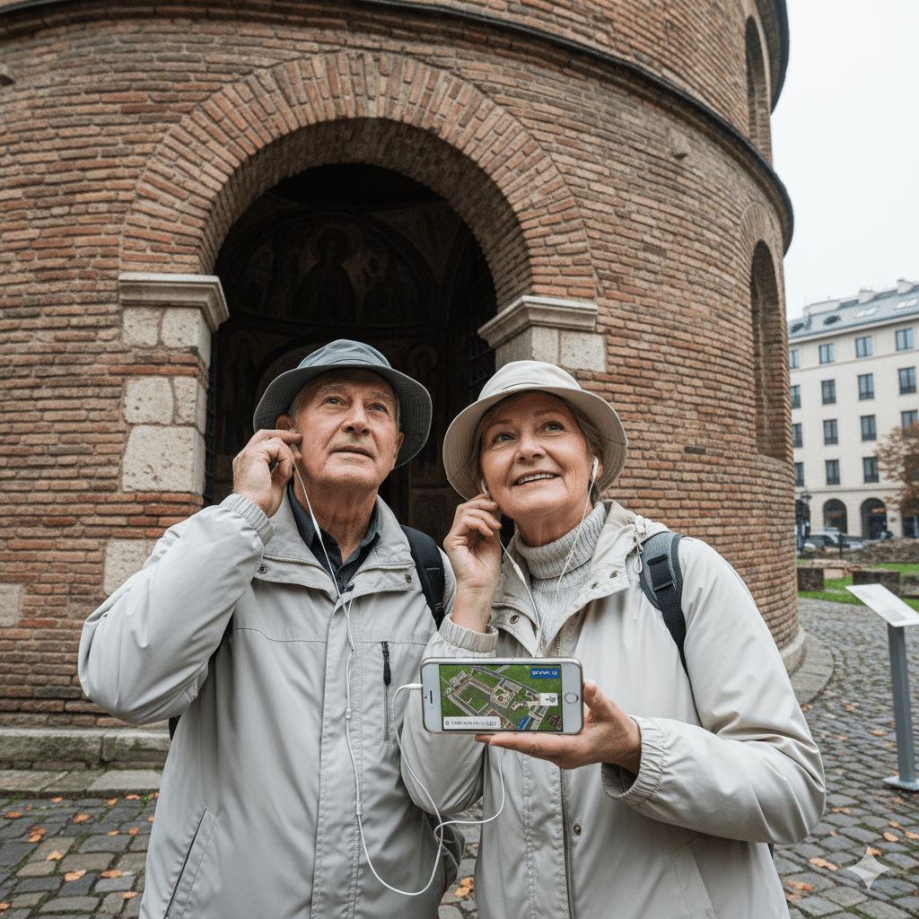 Sofia self-guided audio tour by Uvamai Niche Tourism, featuring headphones and a smartphone displaying the tour app.