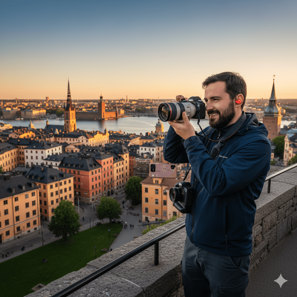 Stockholm self-guided audio tour by Uvamai Niche Tourism, featuring an image of a smartphone with city landmarks displayed.