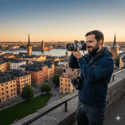 Stockholm self-guided audio tour by Uvamai Niche Tourism, featuring an image of a smartphone with city landmarks displayed.