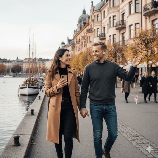 Stockholm Self-Guided Audio Tour by Uvamai Niche Tourism featuring a smartphone and headphones for exploring Stockholm independently.