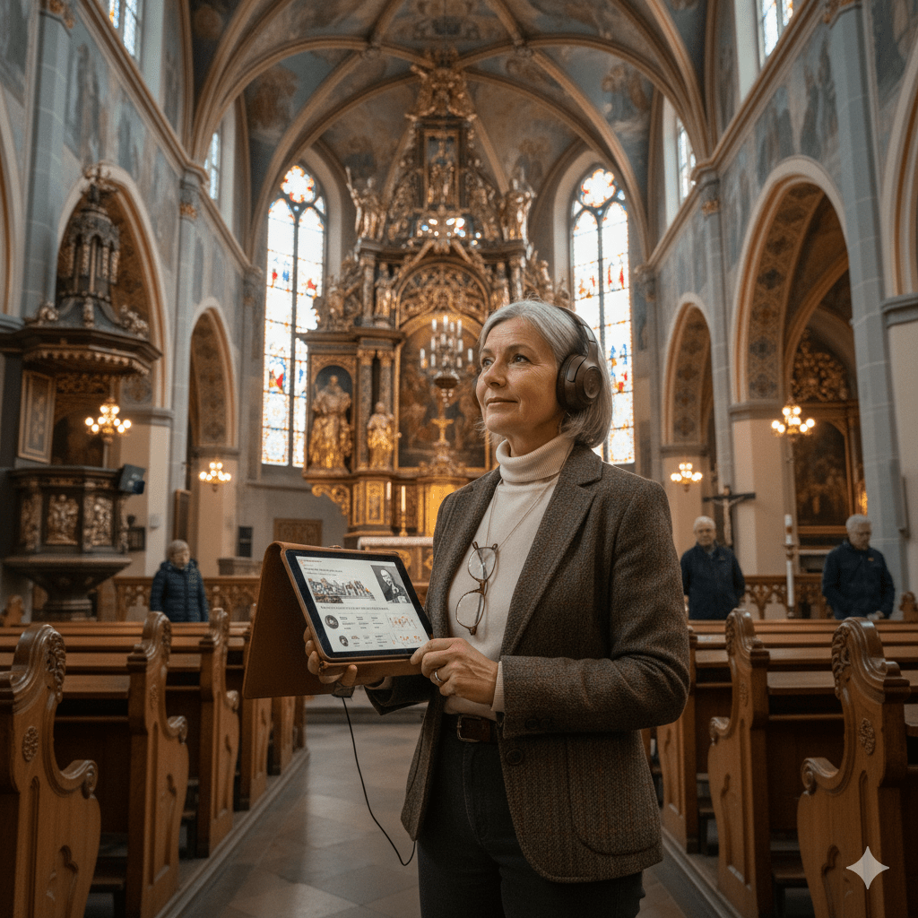 Audio tour device showing Stockholm Self-Guided Audio Tour by Uvamai Niche Tourism, with headphones and tour interface on screen.