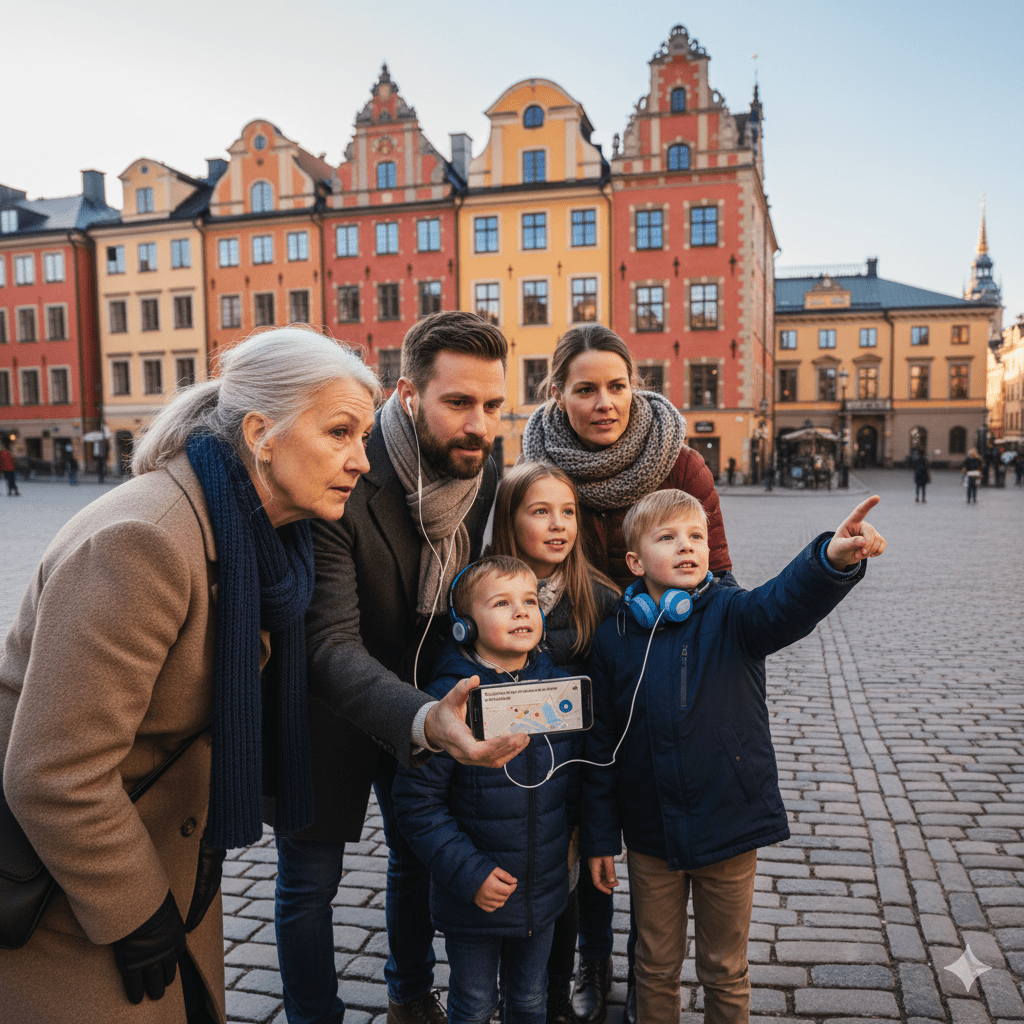 Audio guide for Stockholm self-guided tour by Uvamai Niche Tourism, featuring headphones and city landmarks.
