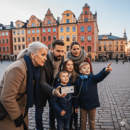 Audio guide for Stockholm self-guided tour by Uvamai Niche Tourism, featuring headphones and city landmarks.
