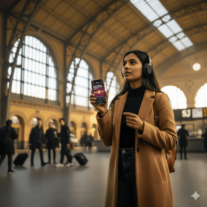 Stockholm Self-Guided Audio Tour by Uvamai Niche Tourism, featuring a smartphone with audio guide app and scenic Stockholm landmarks.
