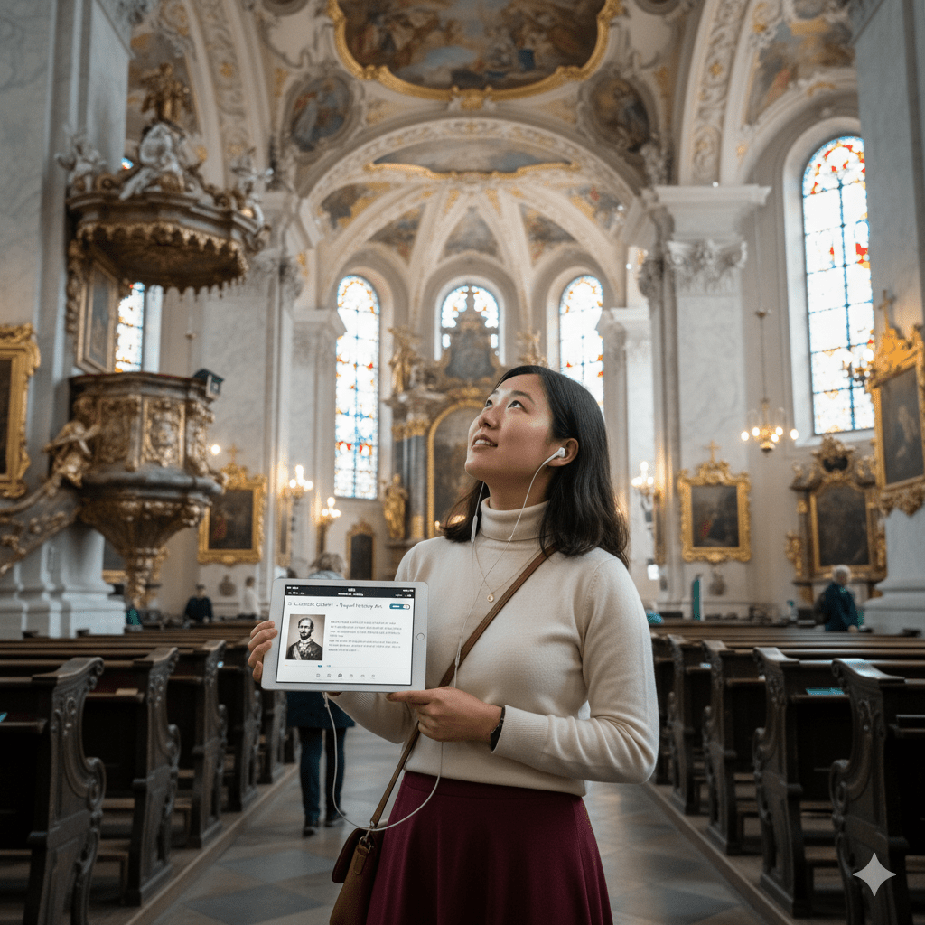 Audio tour device for Stockholm self-guided tour by Uvamai Niche Tourism, featuring headphones and tour controls.