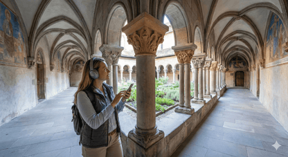 Audio tour device for Strasbourg self-guided walking tour by Uvamai Niche Tourism, showing headphones and tour map on a city street.