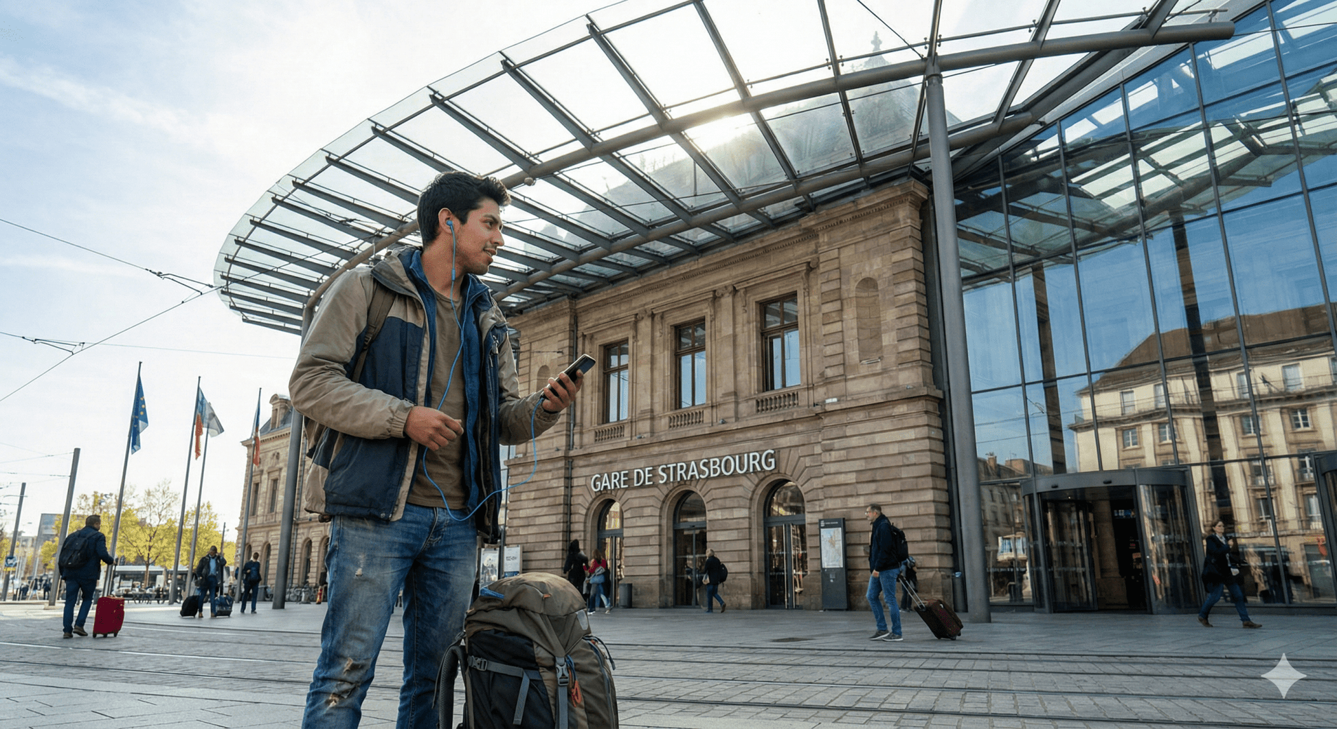 Audio guide device for the Strasbourg Self-Guided Audio Tour by Uvamai Niche Tourism, showing headphones and tour interface.