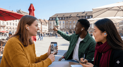 Audio guide device for Strasbourg Self-Guided Audio Tour by Uvamai Niche Tourism, showing headphones and tour interface.