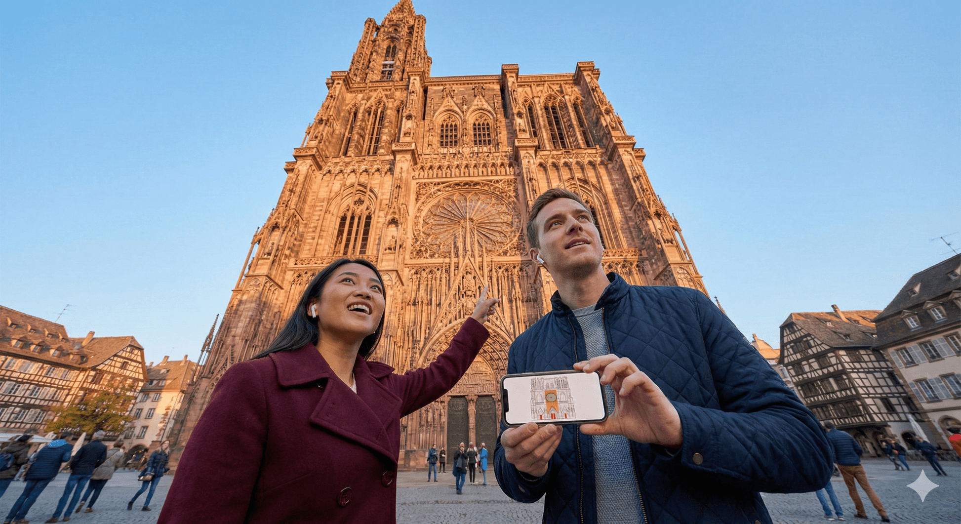 Audio guide device for Strasbourg Self-Guided Audio Tour by Uvamai Niche Tourism, showing headphones and tour interface.