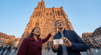 Audio guide device for Strasbourg Self-Guided Audio Tour by Uvamai Niche Tourism, showing headphones and tour interface.
