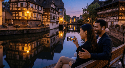 Self-guided audio tour device for Strasbourg by Uvamai Niche Tourism, showing headphones and travel map on a city background.