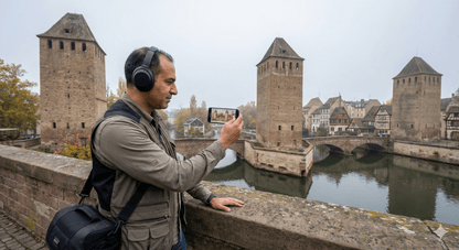 Audio tour device for Strasbourg self-guided tour by Uvamai Niche Tourism, showing headphones and tour controls.