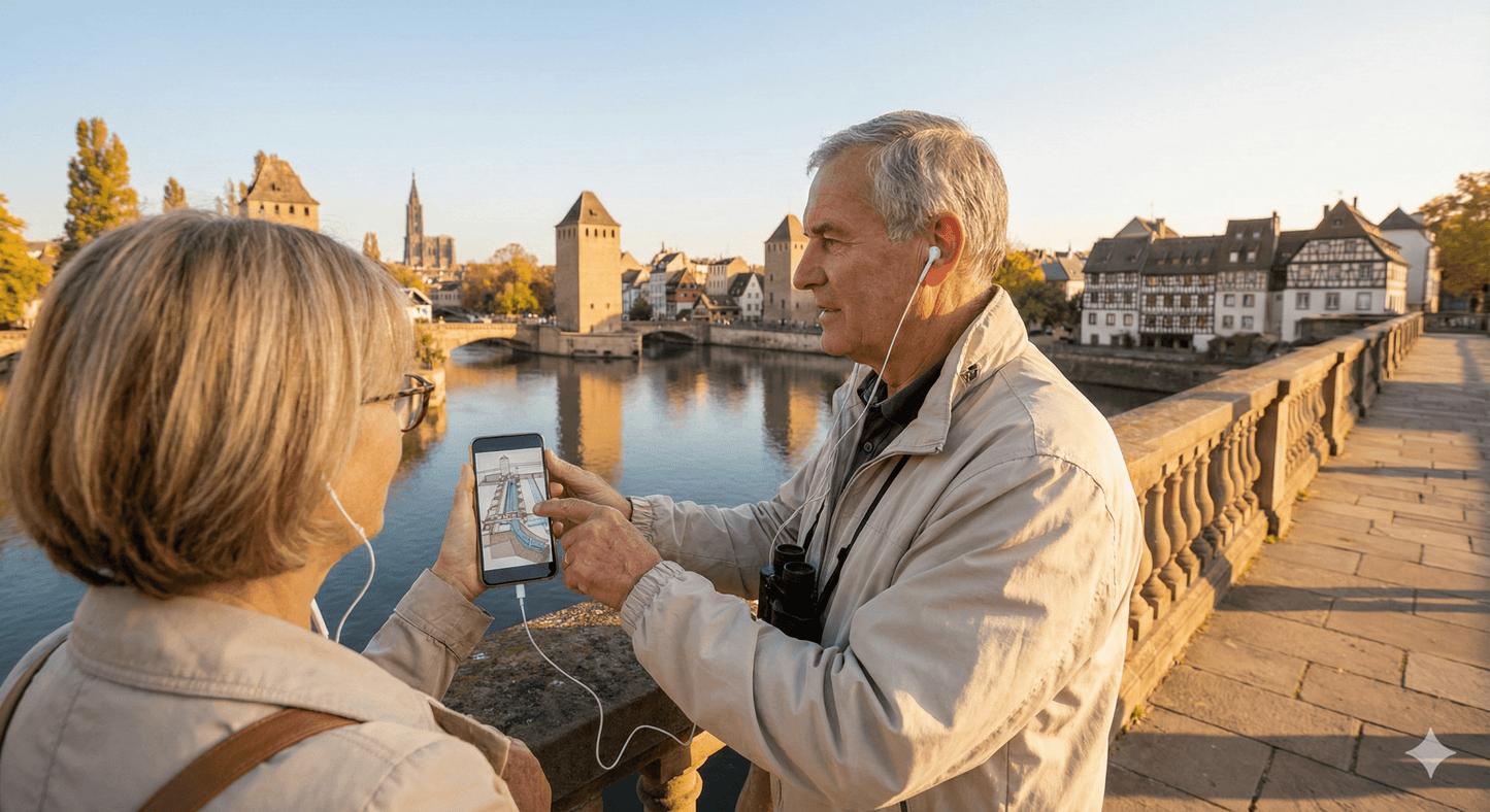 Audio tour device for Strasbourg Self-Guided Audio Tour by Uvamai Niche Tourism, showing headphones and tour controls.