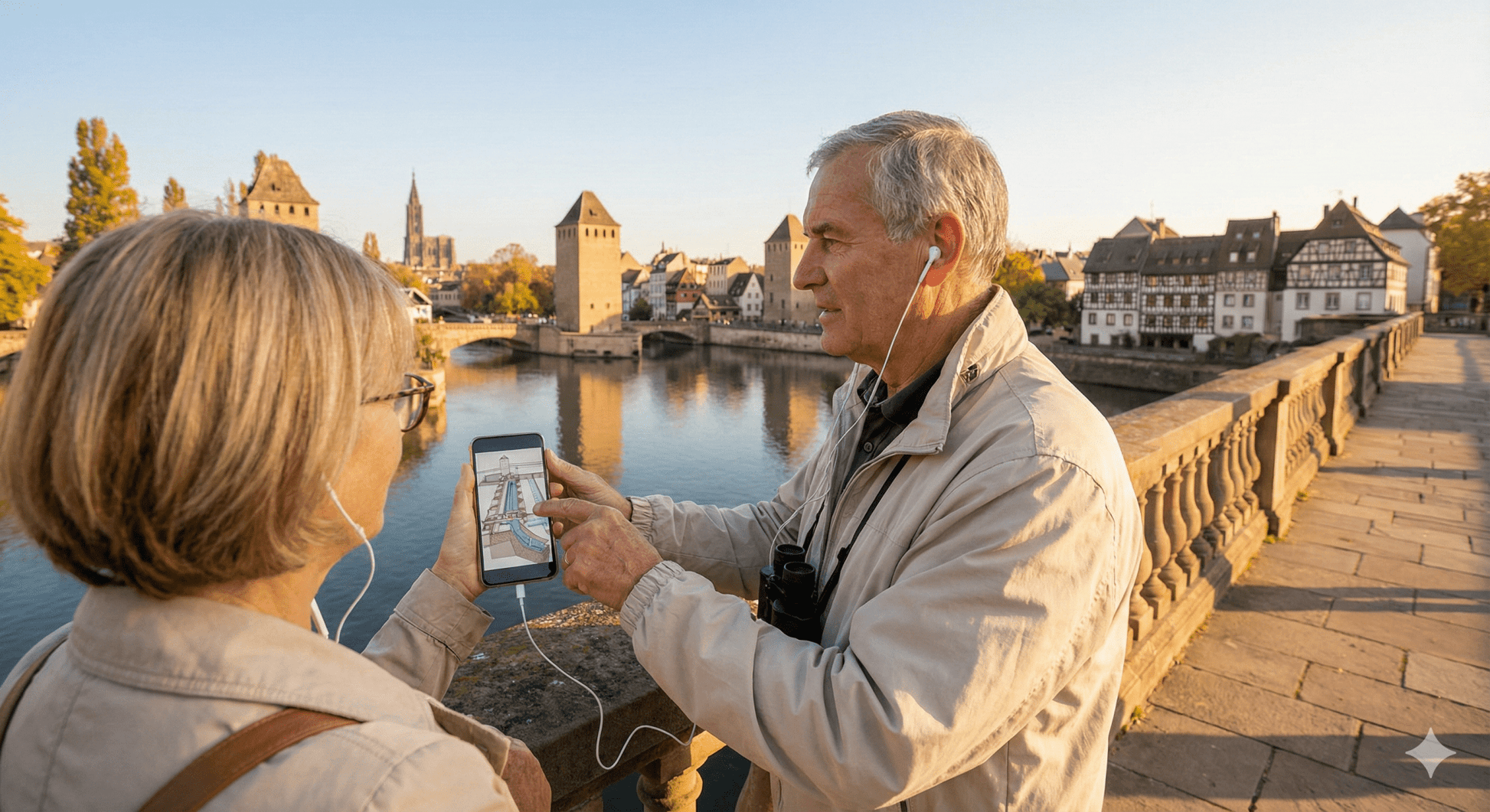 Audio tour device for Strasbourg Self-Guided Audio Tour by Uvamai Niche Tourism, showing headphones and tour controls.