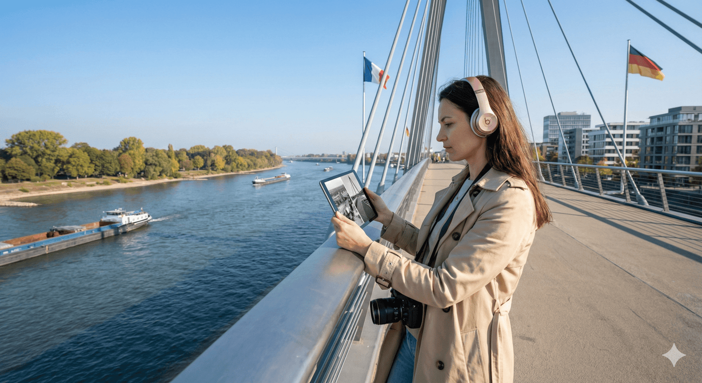 Self-guided audio tour for Strasbourg by Uvamai Niche Tourism, showing a scenic city view with historic architecture and a smartphone.