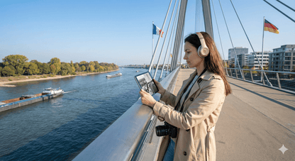 Self-guided audio tour for Strasbourg by Uvamai Niche Tourism, showing a scenic city view with historic architecture and a smartphone.
