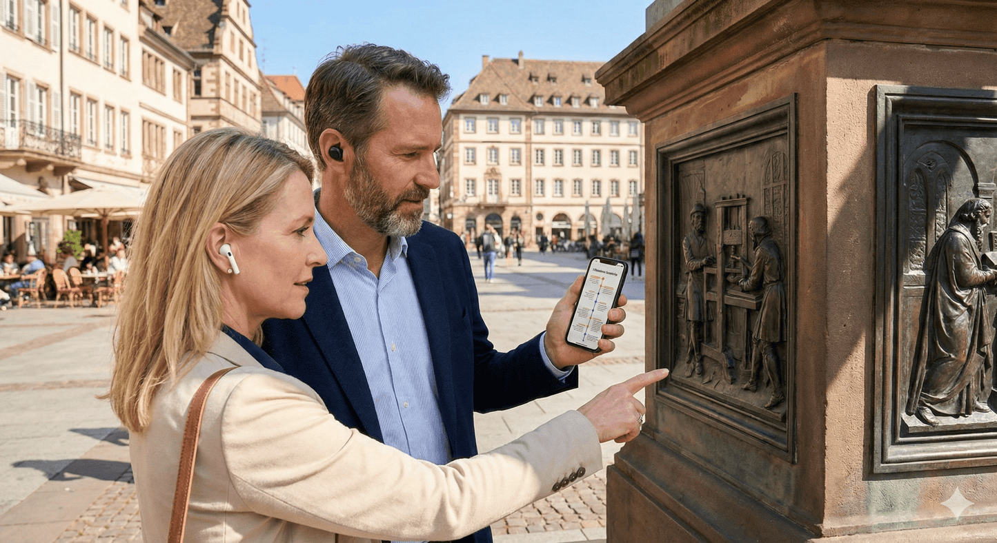 Audio tour device for Strasbourg self-guided tour by Uvamai Niche Tourism, showing headphones and tour map interface.