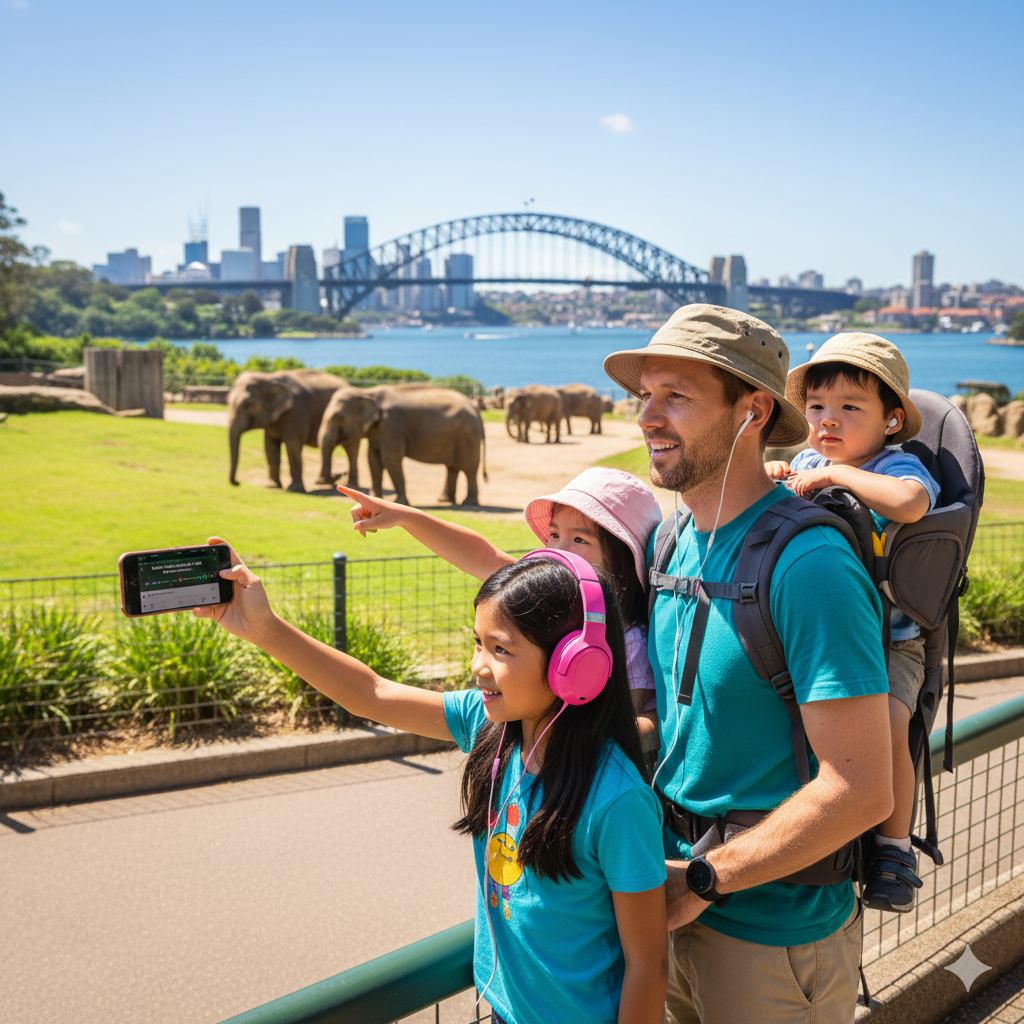 Sydney Self-Guided Audio Tour by Uvamai Niche Tourism, featuring a smartphone with map and headphones for exploring Sydney.