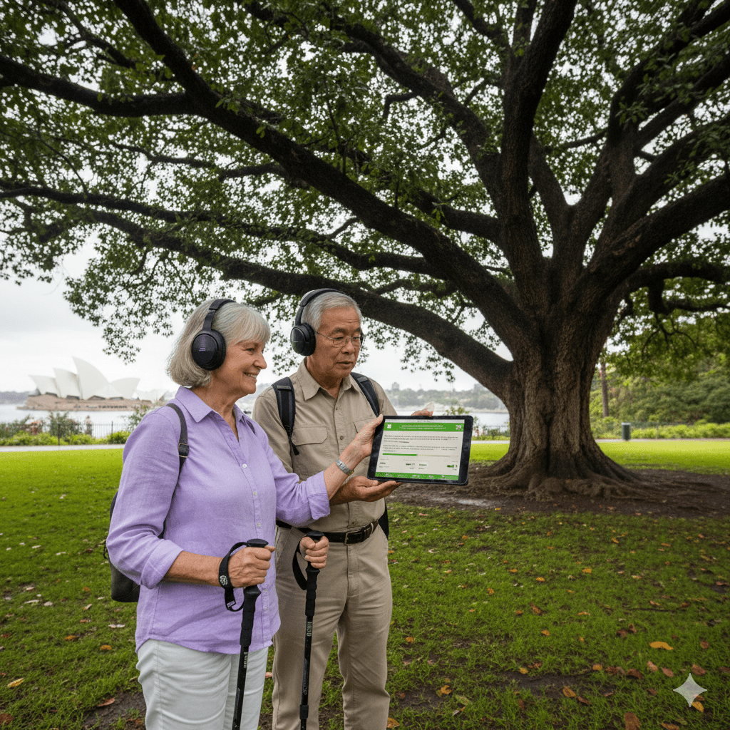 Sydney self-guided audio tour by Uvamai Niche Tourism, featuring headphones and smartphone for exploring Sydney's landmarks.