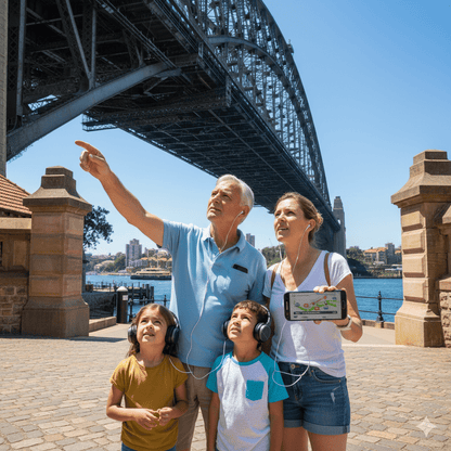 Sydney Self-Guided Audio Tour by Uvamai Niche Tourism, featuring a mobile device with scenic Sydney landmarks on the screen.