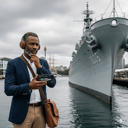 Sydney Self-Guided Audio Tour by Uvamai Niche Tourism, featuring headphones and city landmarks on a smartphone screen.