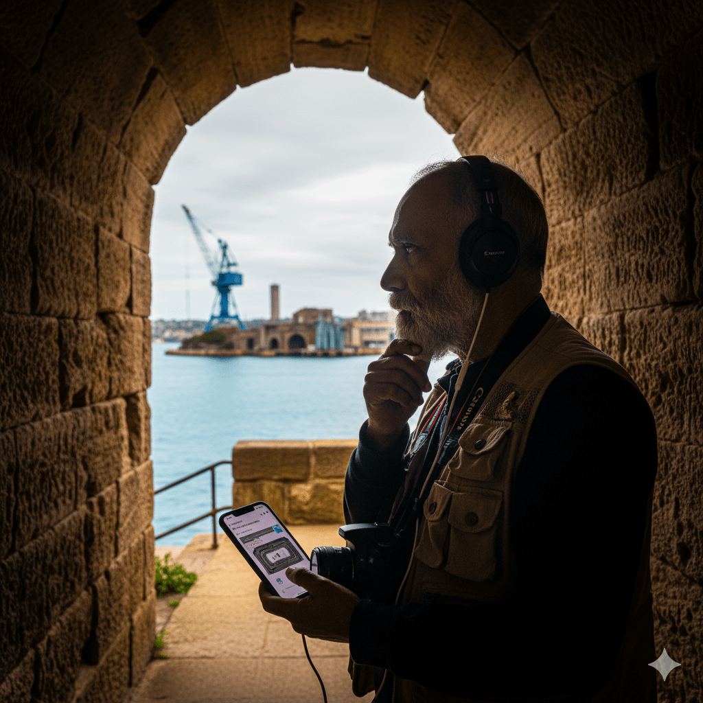 Sydney Self-Guided Audio Tour by Uvamai Niche Tourism, featuring a smartphone with headphones and iconic Sydney landmarks.