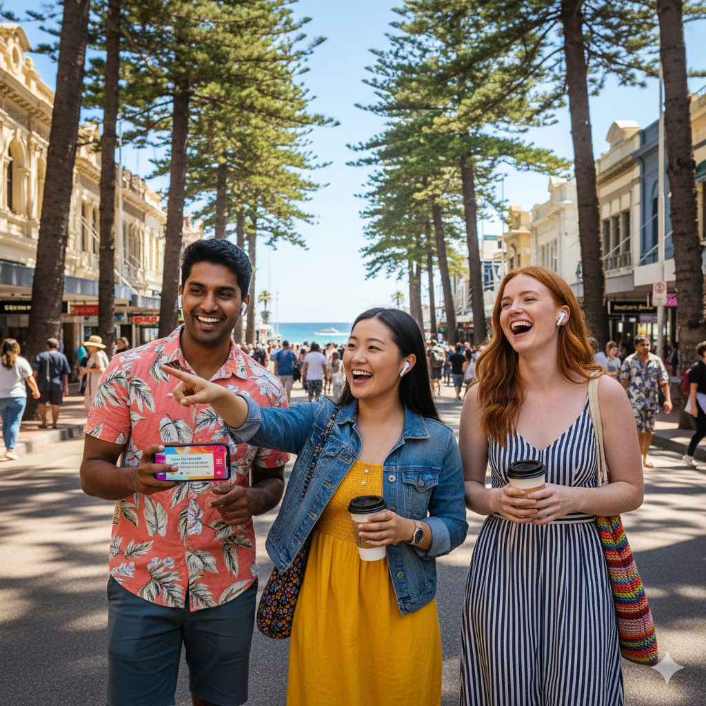Sydney Self-Guided Audio Tour by Uvamai Niche Tourism, featuring a smartphone with tour app and scenic Sydney landmarks visible.