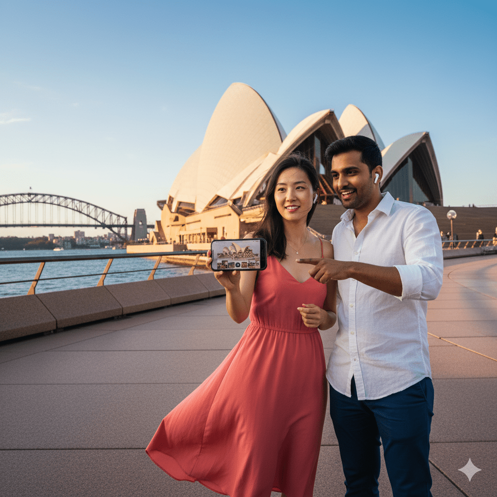 Sydney self-guided audio tour by Uvamai Niche Tourism, featuring headphones and mobile device with tour interface.