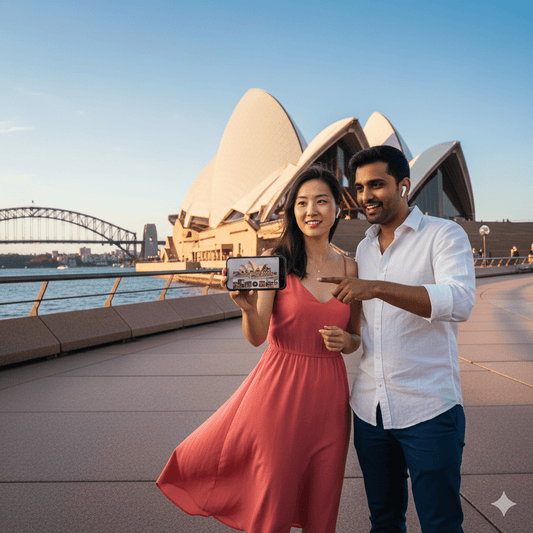 Sydney self-guided audio tour by Uvamai Niche Tourism, featuring headphones and mobile device with tour interface.