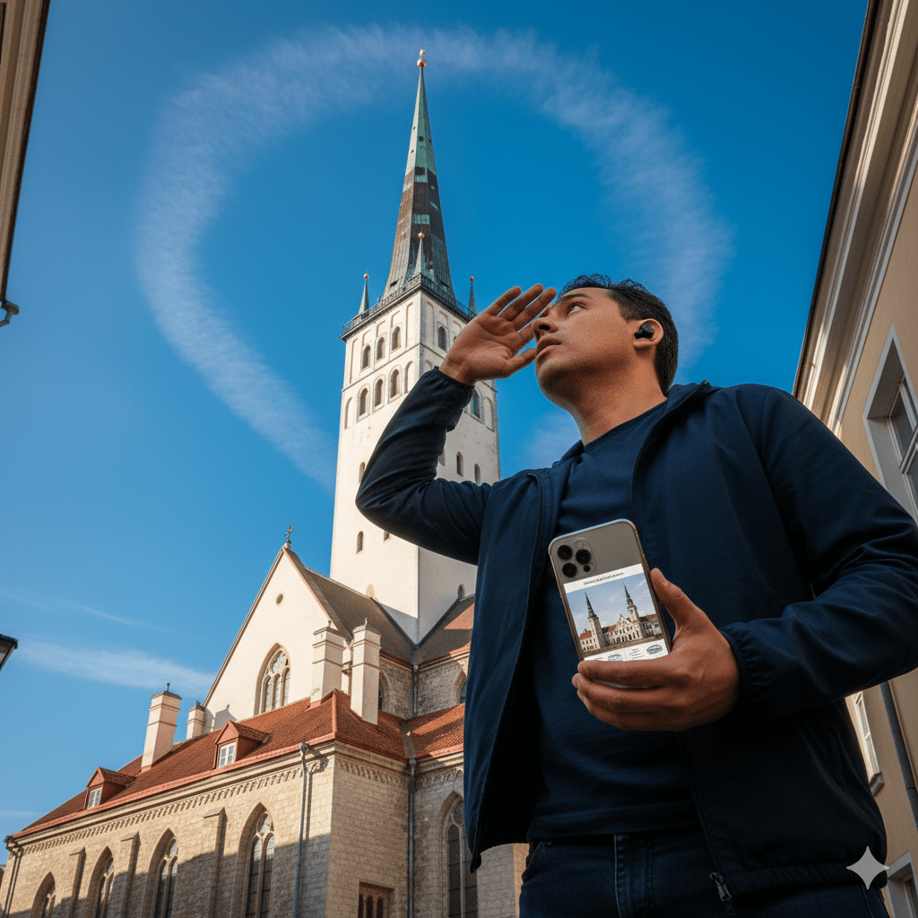 Audio guide device for Tallinn Self-Guided Audio Tour by Uvamai Niche Tourism, showing headphones and tour map on a tablet.