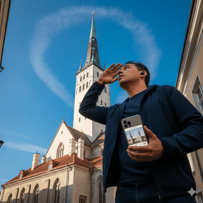 Audio guide device for Tallinn Self-Guided Audio Tour by Uvamai Niche Tourism, showing headphones and tour map on a tablet.