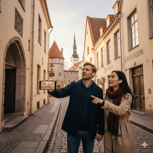 Self-guided audio tour of Tallinn by Uvamai Niche Tourism, featuring headphones and a smartphone playing the tour.