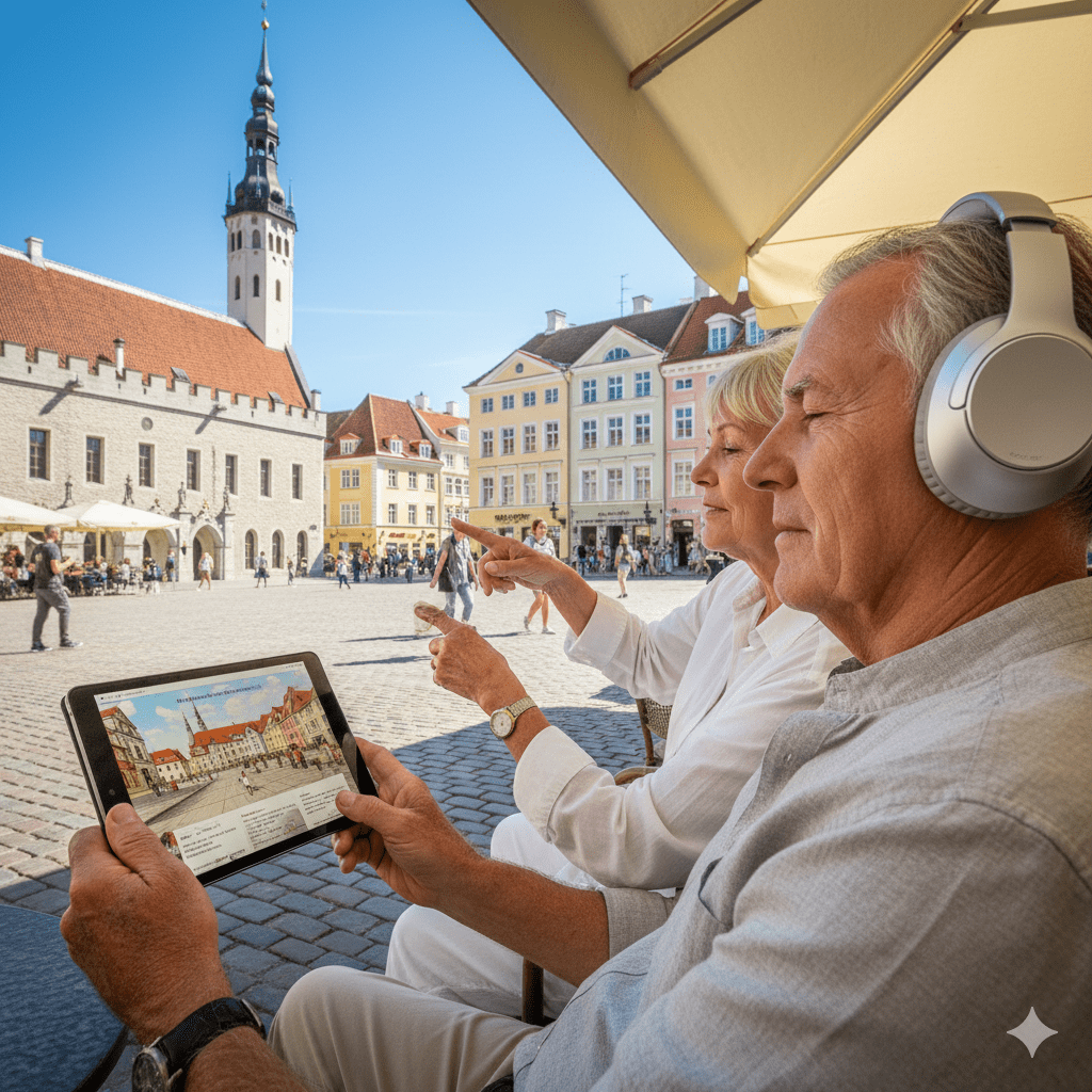 Audio tour device for Tallinn self-guided audio tour by Uvamai Niche Tourism, showing headphones and tour interface.