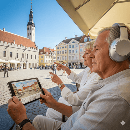 Audio tour device for Tallinn self-guided audio tour by Uvamai Niche Tourism, showing headphones and tour interface.