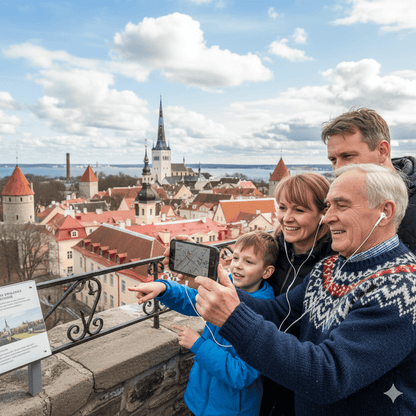 Audio tour device for Tallinn self-guided audio tour by Uvamai Niche Tourism, showing headphones and tour interface on screen.