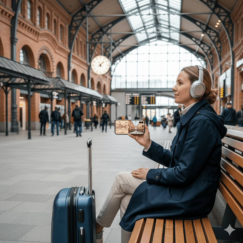 Audio tour device for Tallinn self-guided audio tour by Uvamai Niche Tourism, showing headphones and tour map on a tablet screen.