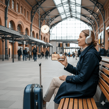Audio tour device for Tallinn self-guided audio tour by Uvamai Niche Tourism, showing headphones and tour map on a tablet screen.