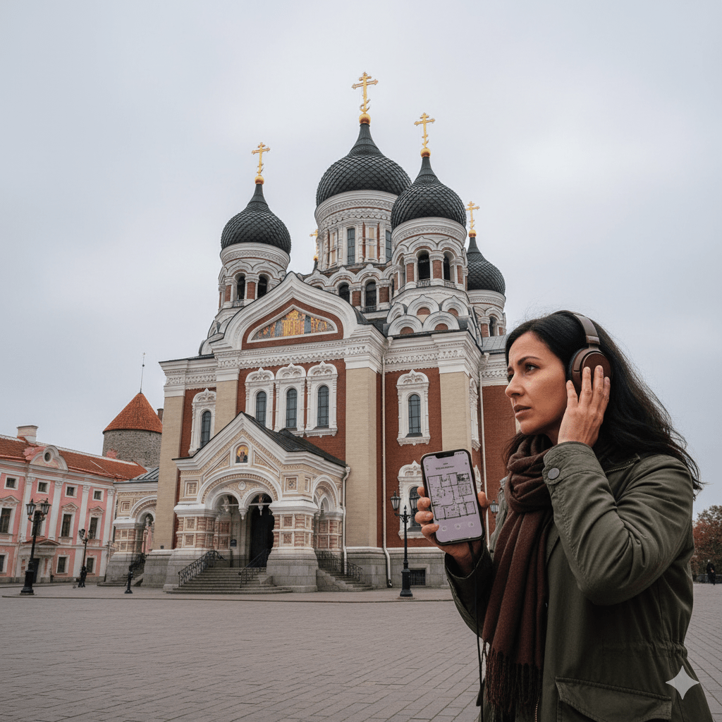 Audio tour device for Tallinn's self-guided sightseeing tour by Uvamai Niche Tourism, showing headphones and tour interface.