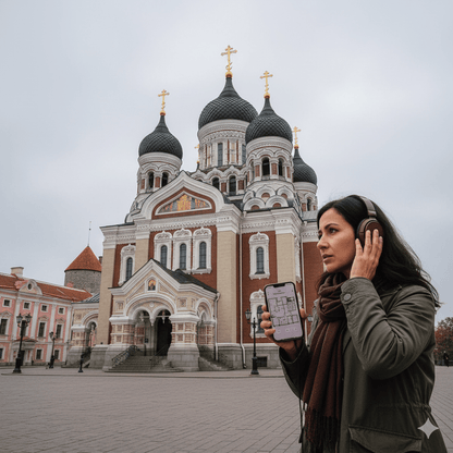 Audio tour device for Tallinn's self-guided sightseeing tour by Uvamai Niche Tourism, showing headphones and tour interface.