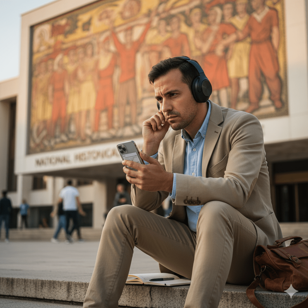 Audio tour device for Tirana self-guided tour by Uvamai Niche Tourism, showing headphones and tour map on a tablet screen.