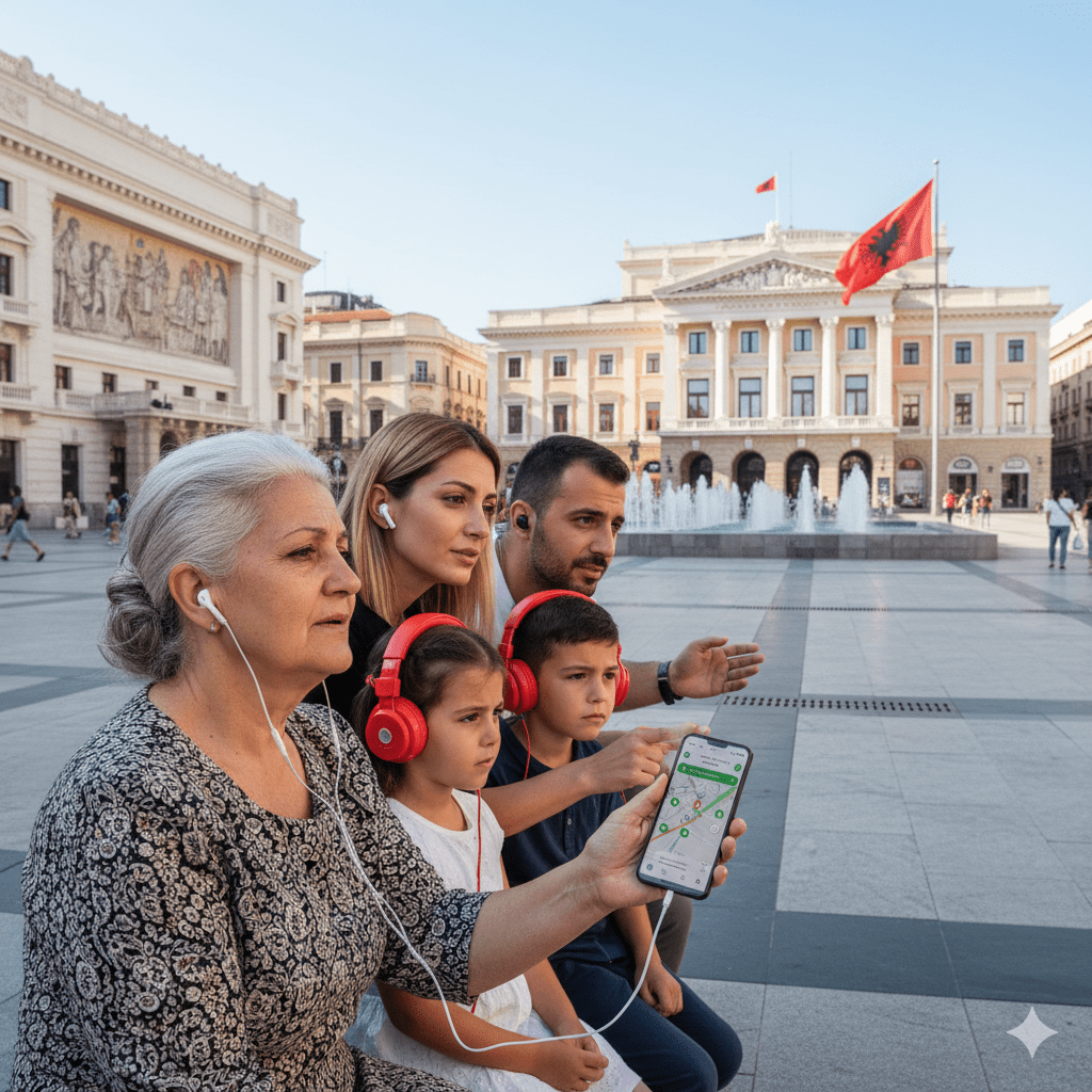 Audio tour device for Tirana self-guided tour by Uvamai Niche Tourism, showing headphones and travel guide interface.